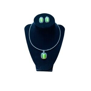 Vtg Lime Green cabochons Choker Necklace and earrings set Silvertone